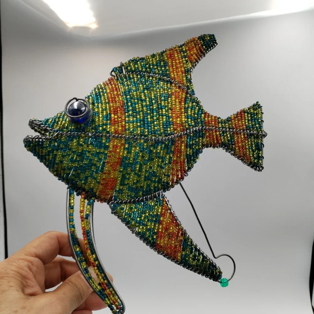 Beaded Wire Marine Life Fish Seahorse Ornaments Lot 3 Coastal Home Decor Folk